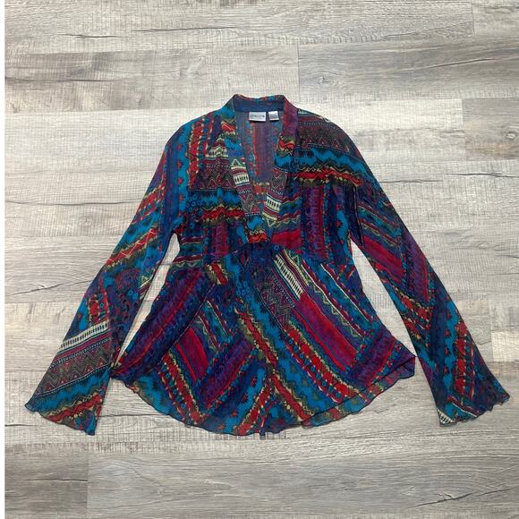 Chicos Silk V Neck Sheer Blouse Size 2 Medium Flare Sleeve Patchwork Lettuce Hem - Picture 1 of 5